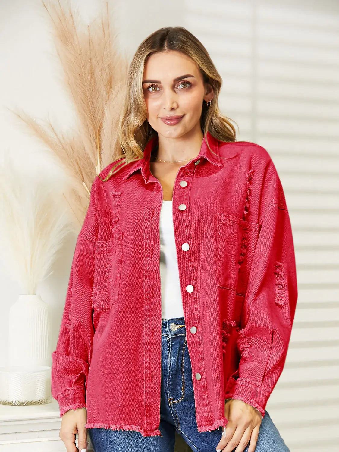 Distressed Raw Hem Denim Jacket - Trendsi - Flyclothing LLC
