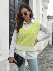Plaid V-Neck Sweater Vest - Trendsi