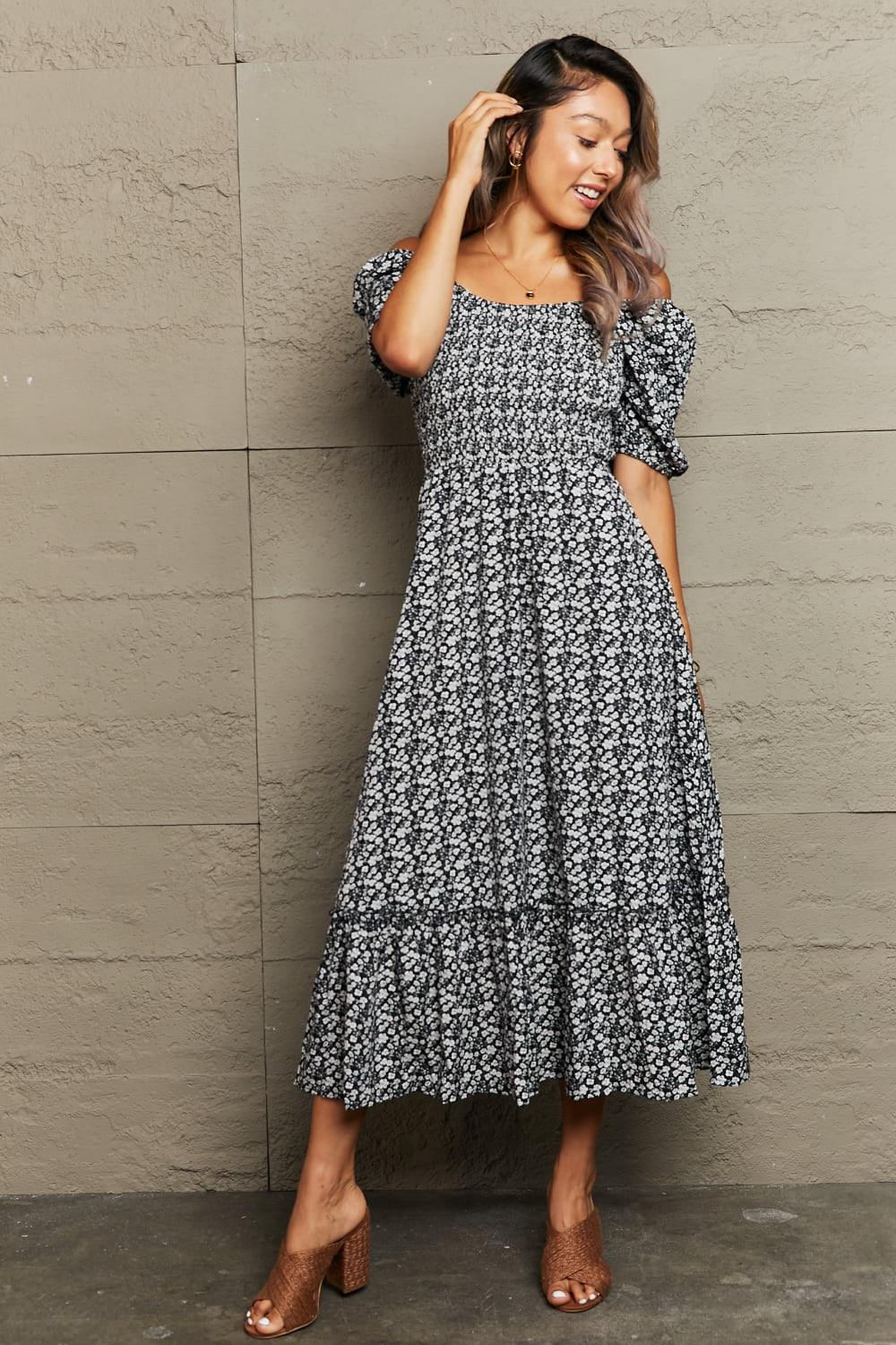 Floral Lace-Up Off-Shoulder Midi Dress - Trendsi