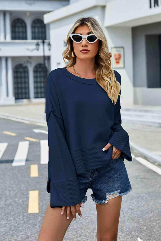 Round Neck Dropped Shoulder Slit Sweater - Trendsi - Flyclothing LLC