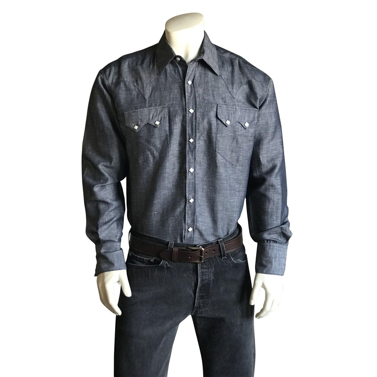 Men's Classic Indigo Linen Blend Western Dress Shirt - Flyclothing LLC