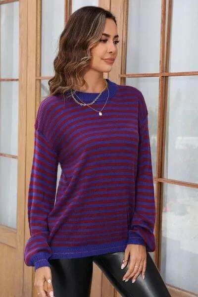 Striped Round Neck Dropped Shoulder Sweater - Trendsi - Flyclothing LLC