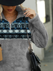 Geometric Quarter-Zip Collared Sweatshirt - Trendsi