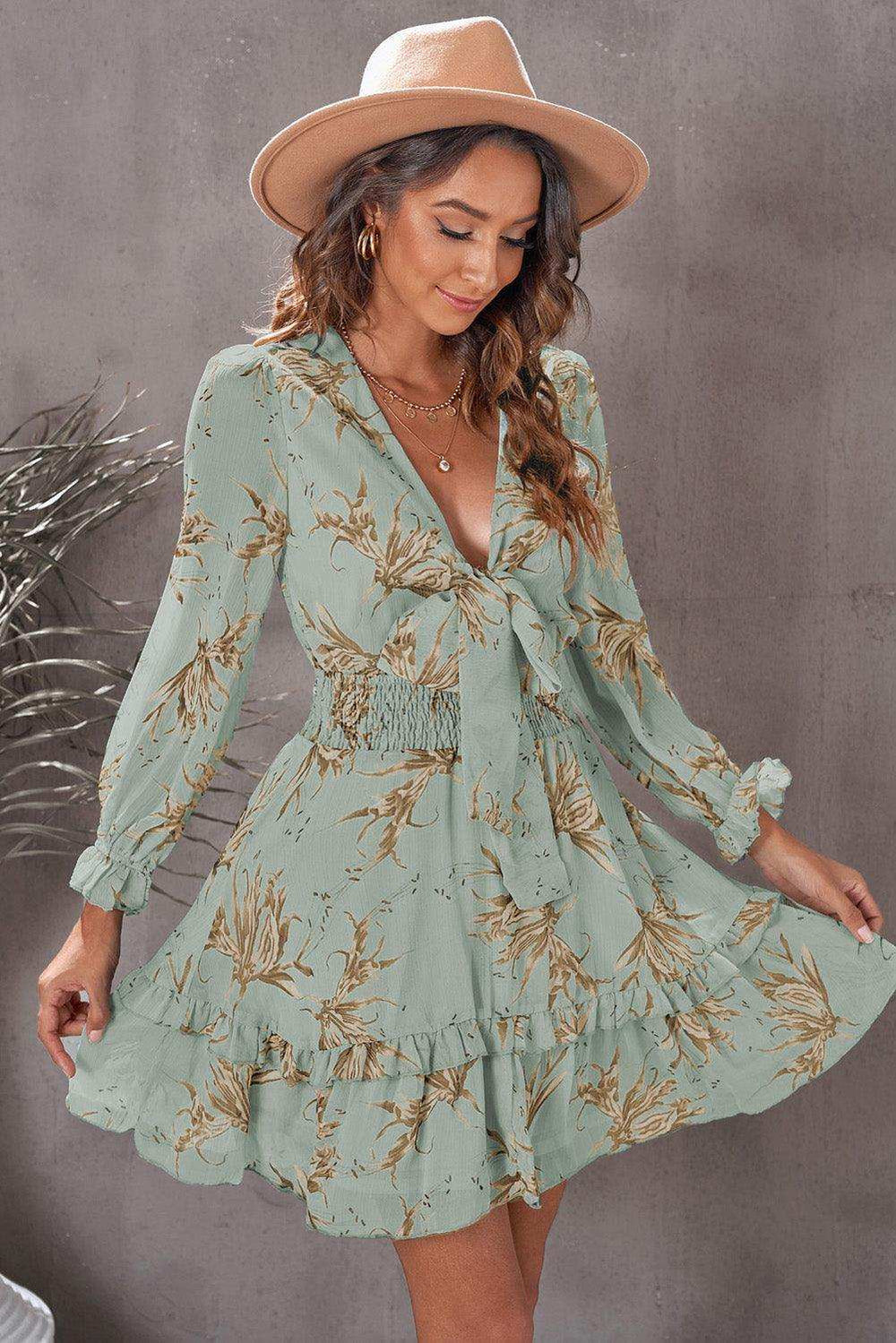 Floral Deep V Flounce Sleeve Mini Dress - Trendsi - Flyclothing LLC