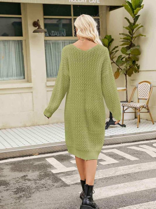 V-Neck Long Sleeve Sweater Dress - Trendsi - Flyclothing LLC
