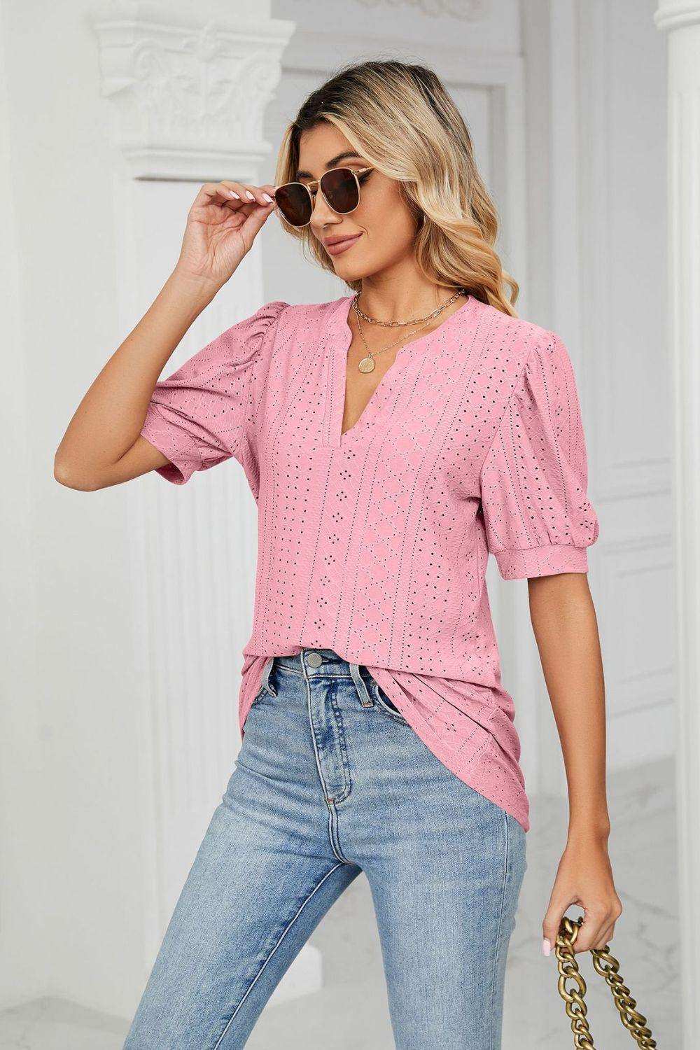 Eyelet Short Puff Sleeve Notched Neck Top - Trendsi - Flyclothing LLC