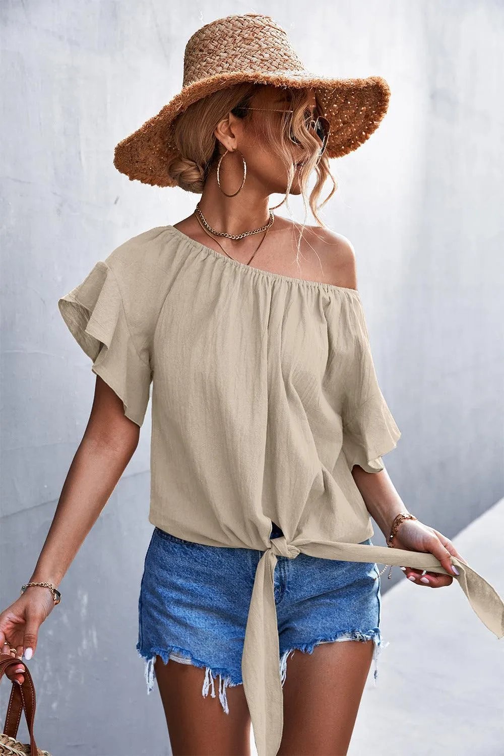Flutter Sleeve Tie-Front Blouse - Trendsi