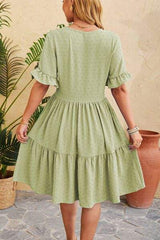 Swiss Dot Ruffled V-Neck Tiered Dress - Trendsi - Flyclothing LLC