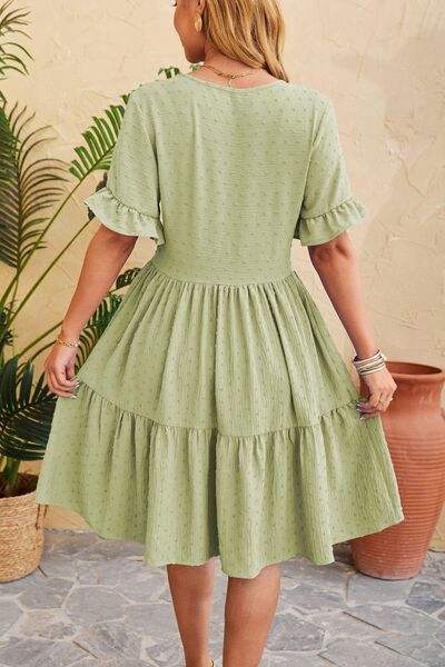 Swiss Dot Ruffled V-Neck Tiered Dress - Trendsi - Flyclothing LLC