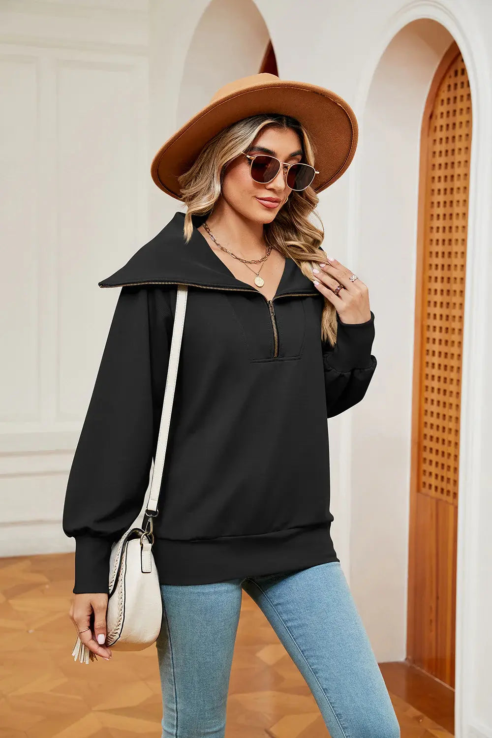 Half-Zip Collared Sweatshirt - Trendsi - Flyclothing LLC