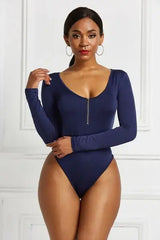 Half Zip Scoop Neck Long Sleeve Bodysuit - Trendsi - Flyclothing LLC