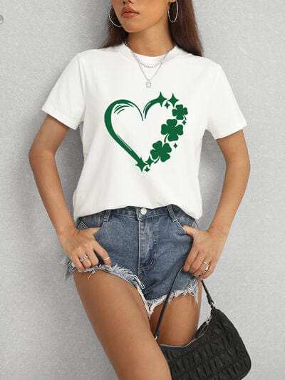 Heart Lucky Clover Round Neck Short Sleeve T-Shirt - Trendsi - Flyclothing LLC