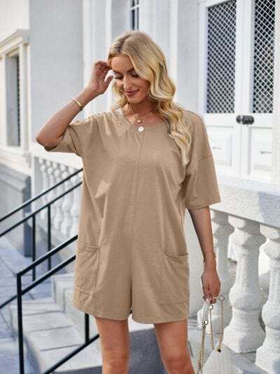 Backless Pocketed Round Neck Half Sleeve Romper - Trendsi - Flyclothing LLC