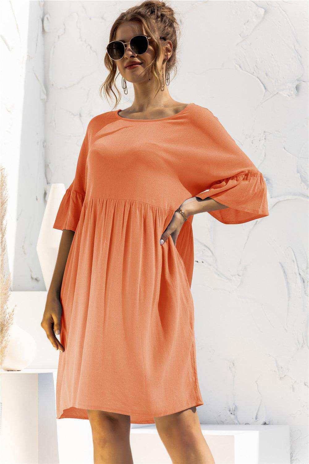 Boat Neck Flounce Sleeve Knee-Length Dress - Trendsi - Flyclothing LLC