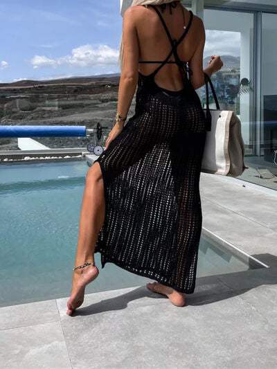 Openwork Slit Cutout Wide Strap Dress - Trendsi - Flyclothing LLC