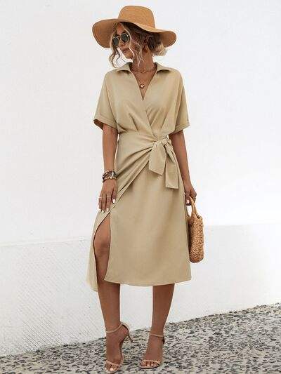 Tied Slit Short Sleeve Dress - Trendsi - Flyclothing LLC