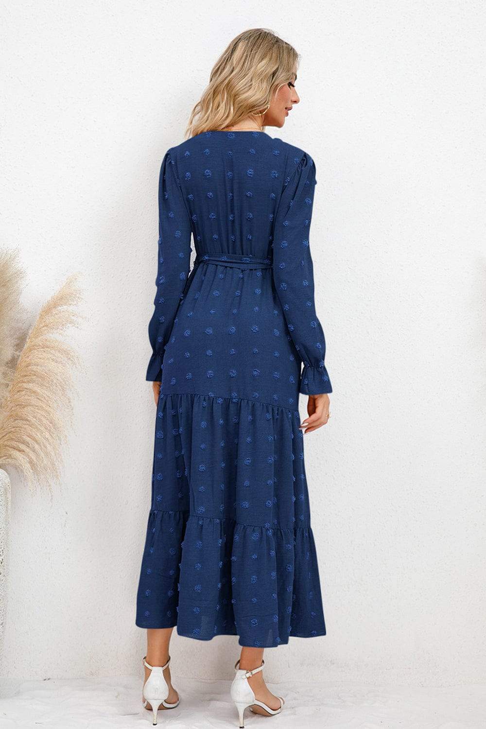 Swiss Dot Tied Surplice Flounce Sleeve Dress - Trendsi - Flyclothing LLC