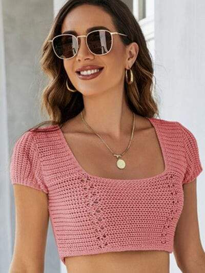 Lace-Up Openwork Square Neck Sweater - Trendsi - Flyclothing LLC