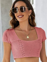 Lace-Up Openwork Square Neck Sweater - Trendsi - Flyclothing LLC