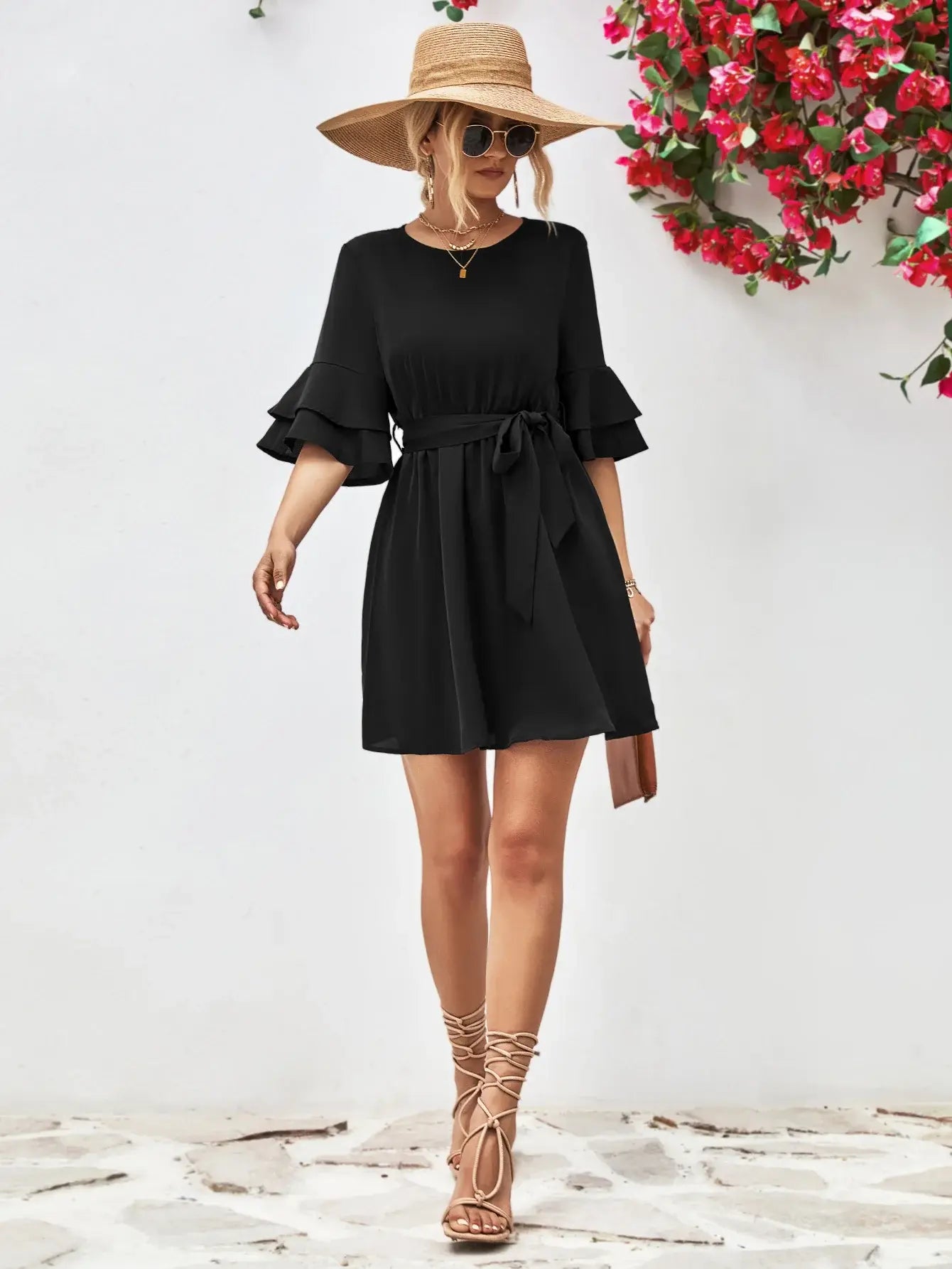 Round Neck Tie Belt Flounce Sleeve Dress - Trendsi - Flyclothing LLC