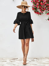 Round Neck Tie Belt Flounce Sleeve Dress - Trendsi - Flyclothing LLC
