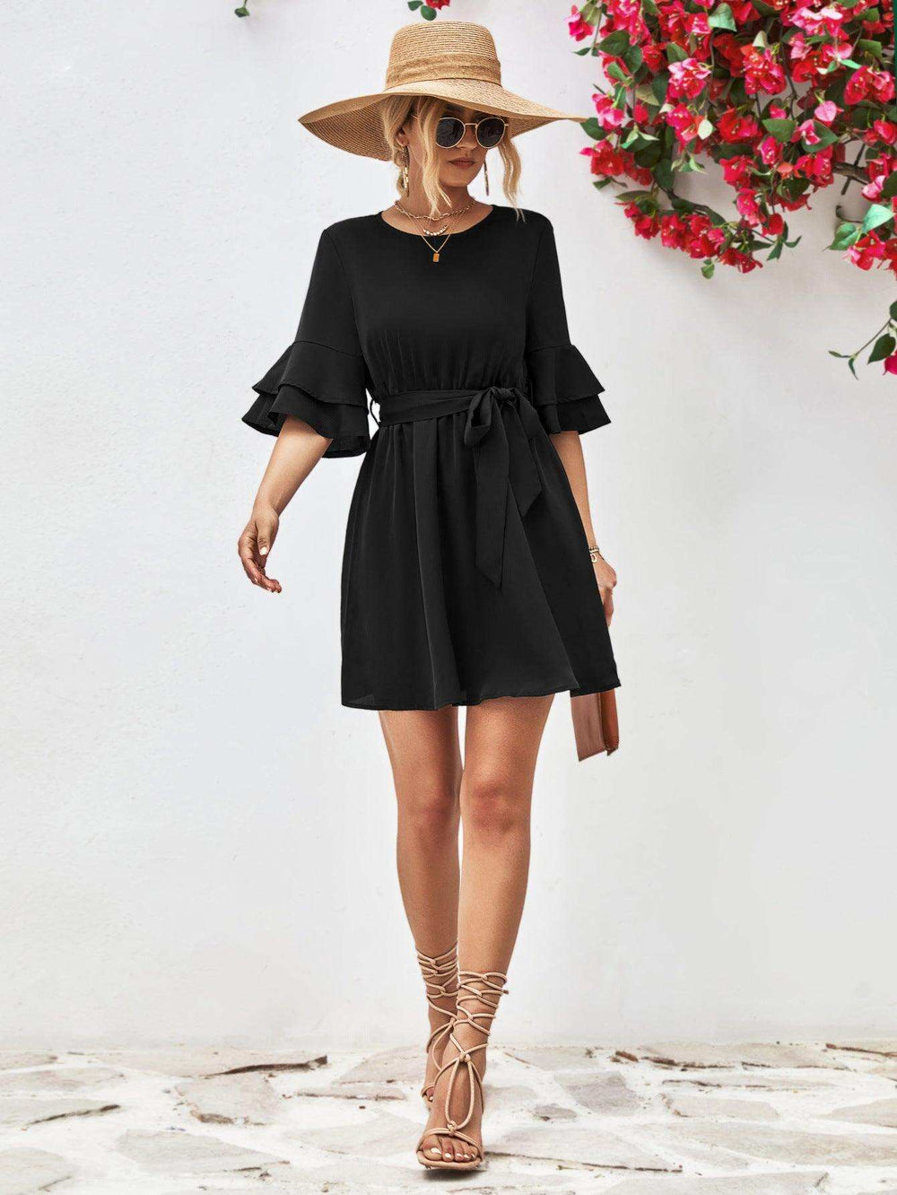 Round Neck Tie Belt Flounce Sleeve Dress - Trendsi - Flyclothing LLC
