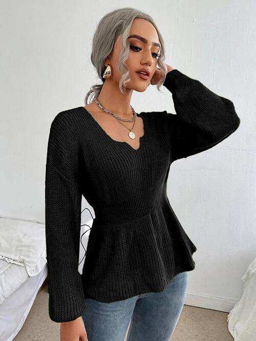 Notched Dropped Shoulder Knit Top - Trendsi - Flyclothing LLC