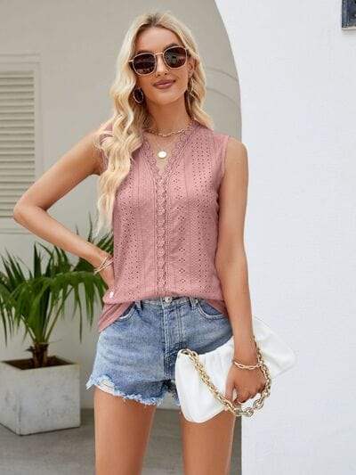 Eyelet Lace Detail V-Neck Tank - Trendsi - Flyclothing LLC