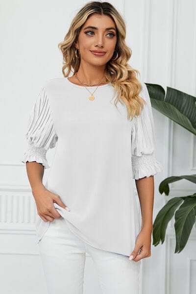 Frill Round Neck Lantern Sleeve T-Shirt - Trendsi - Flyclothing LLC