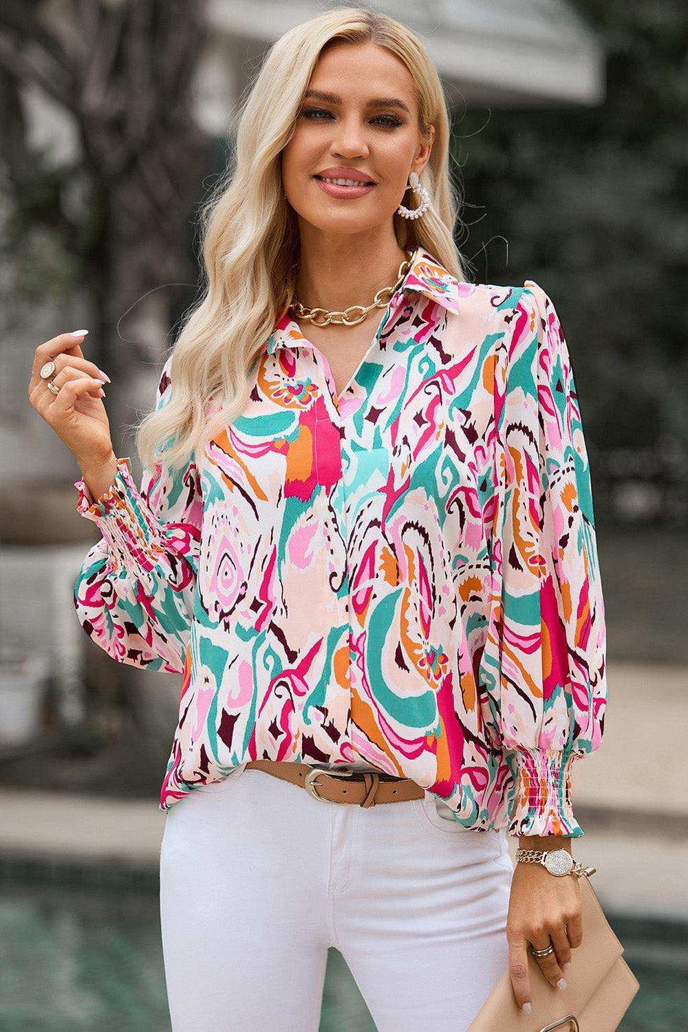 Printed Puff Sleeve Collared Blouse - Trendsi - Flyclothing LLC