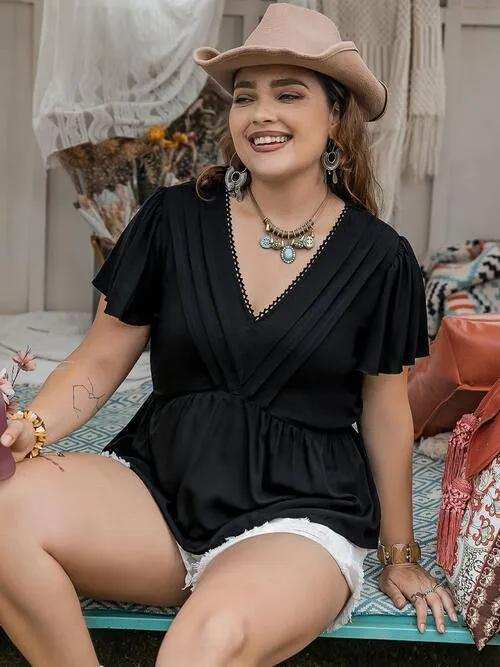 Plus Size V-Neck Flutter Sleeves Blouse - Trendsi - Flyclothing LLC