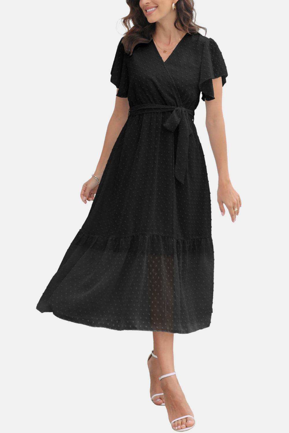 Surplice Neck Flutter Sleeve Tied Dress - Trendsi - Flyclothing LLC