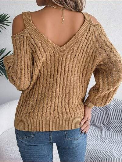 Cable-Knit Cold Shoulder Long Sleeve Sweater - Trendsi - Flyclothing LLC