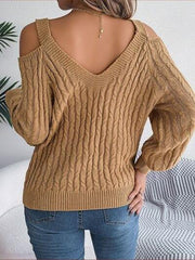 Cable-Knit Cold Shoulder Long Sleeve Sweater - Trendsi
