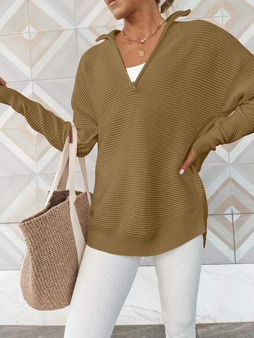 Half Zip Long Sleeve Knit Top - Trendsi - Flyclothing LLC