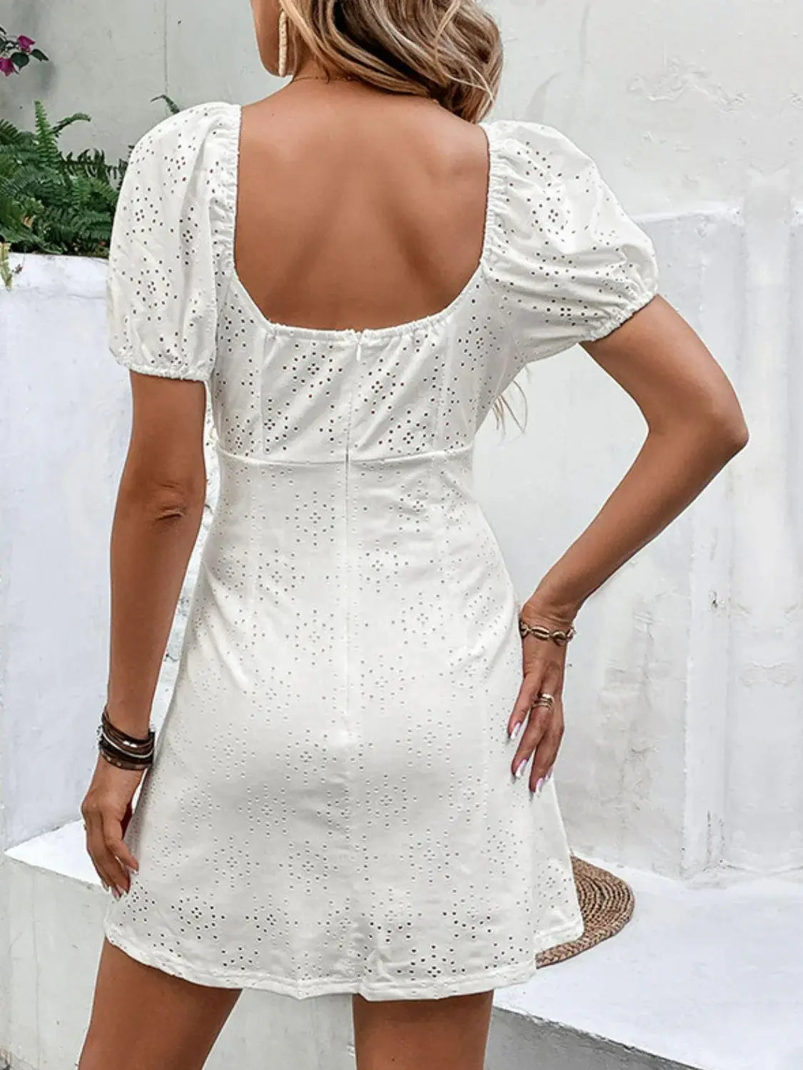 Bow Detail Eyelet Puff Sleeve Dress - Trendsi - Flyclothing LLC