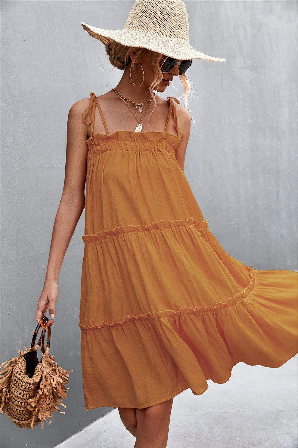 Tie-Shoulder Frill Trim Sleeveless Dress - Trendsi - Flyclothing LLC