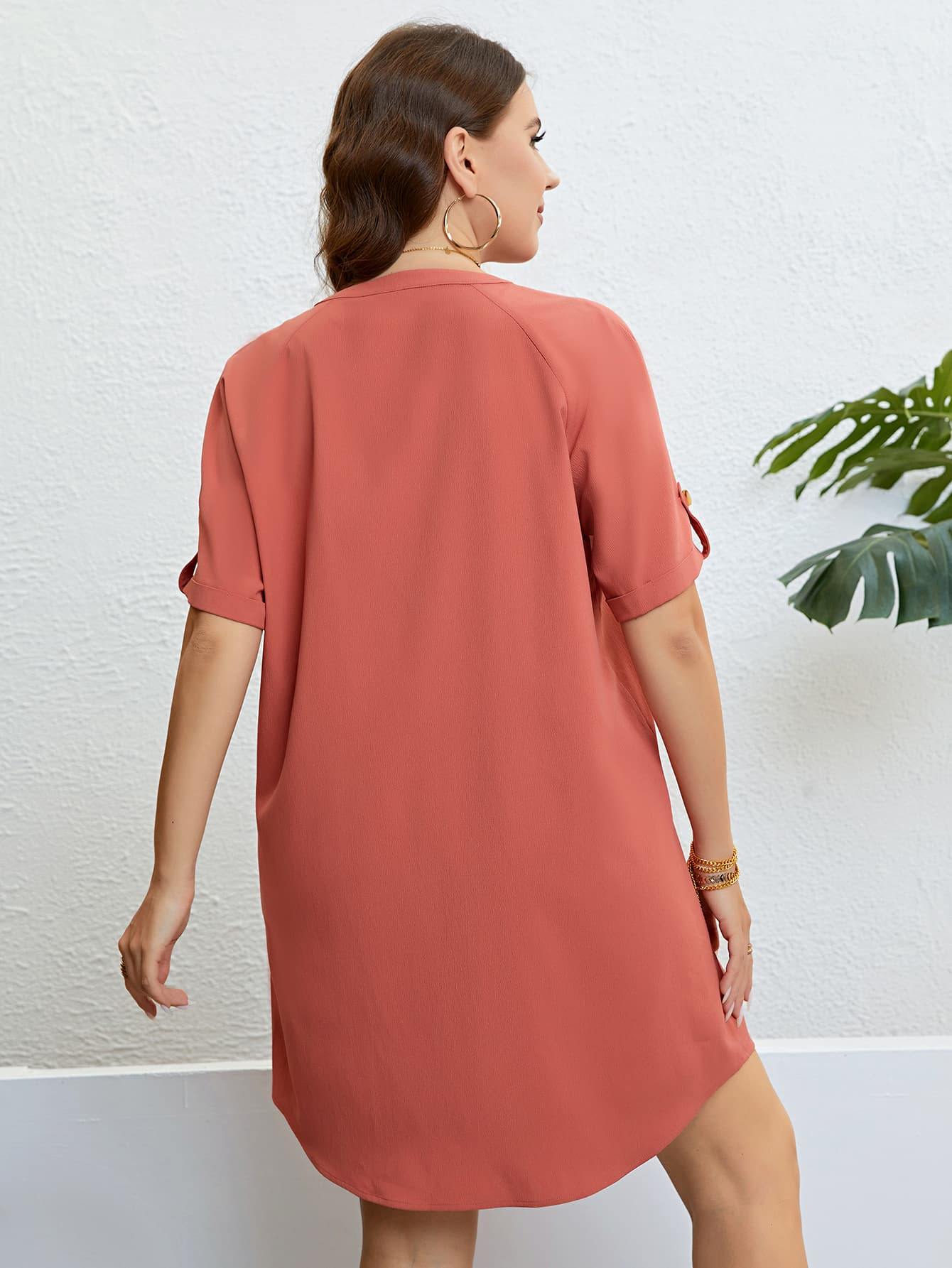 Plus Size Buttoned Notched Neck Shift Dress - Trendsi