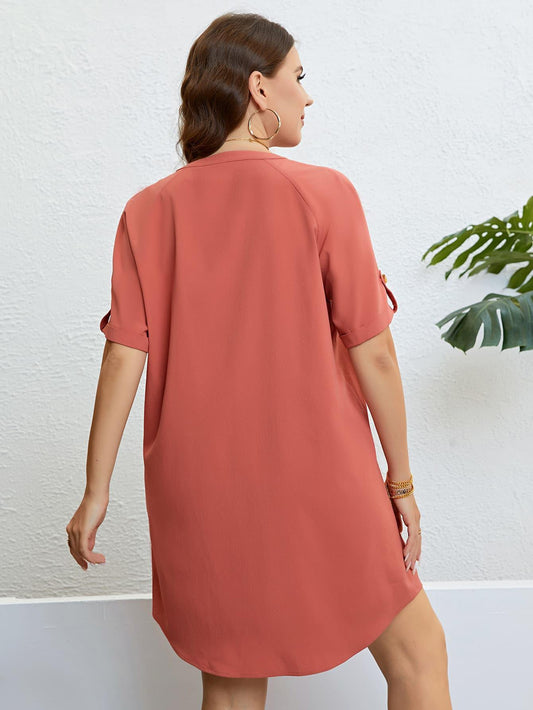 Plus Size Buttoned Notched Neck Shift Dress - Trendsi