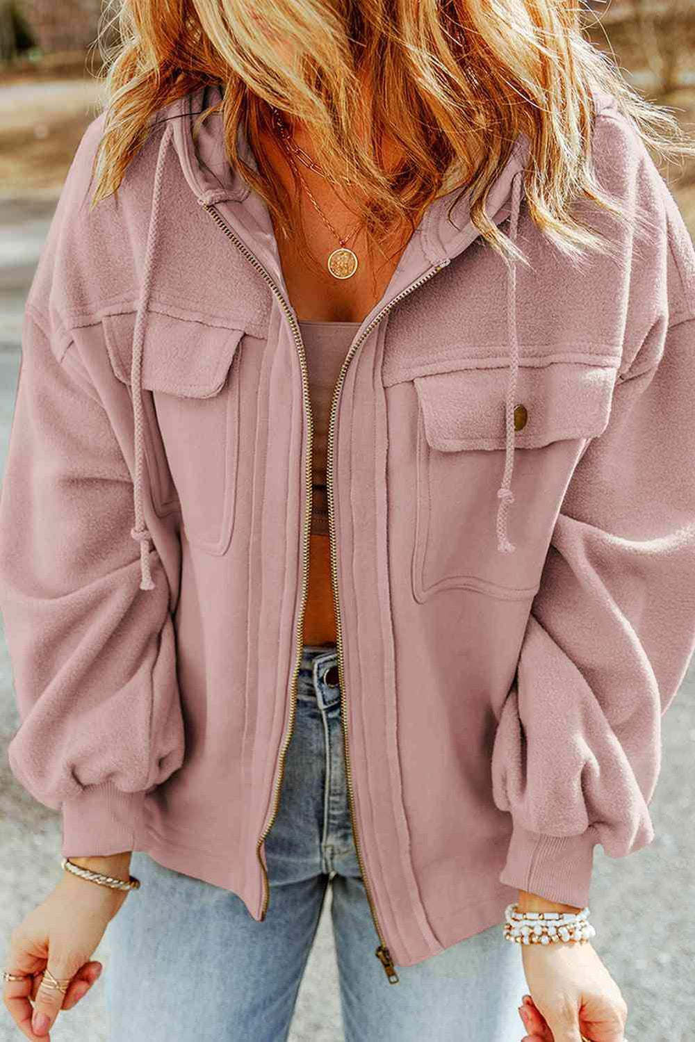 Zip-Up Drawstring Hooded Jacket - Trendsi - Flyclothing LLC
