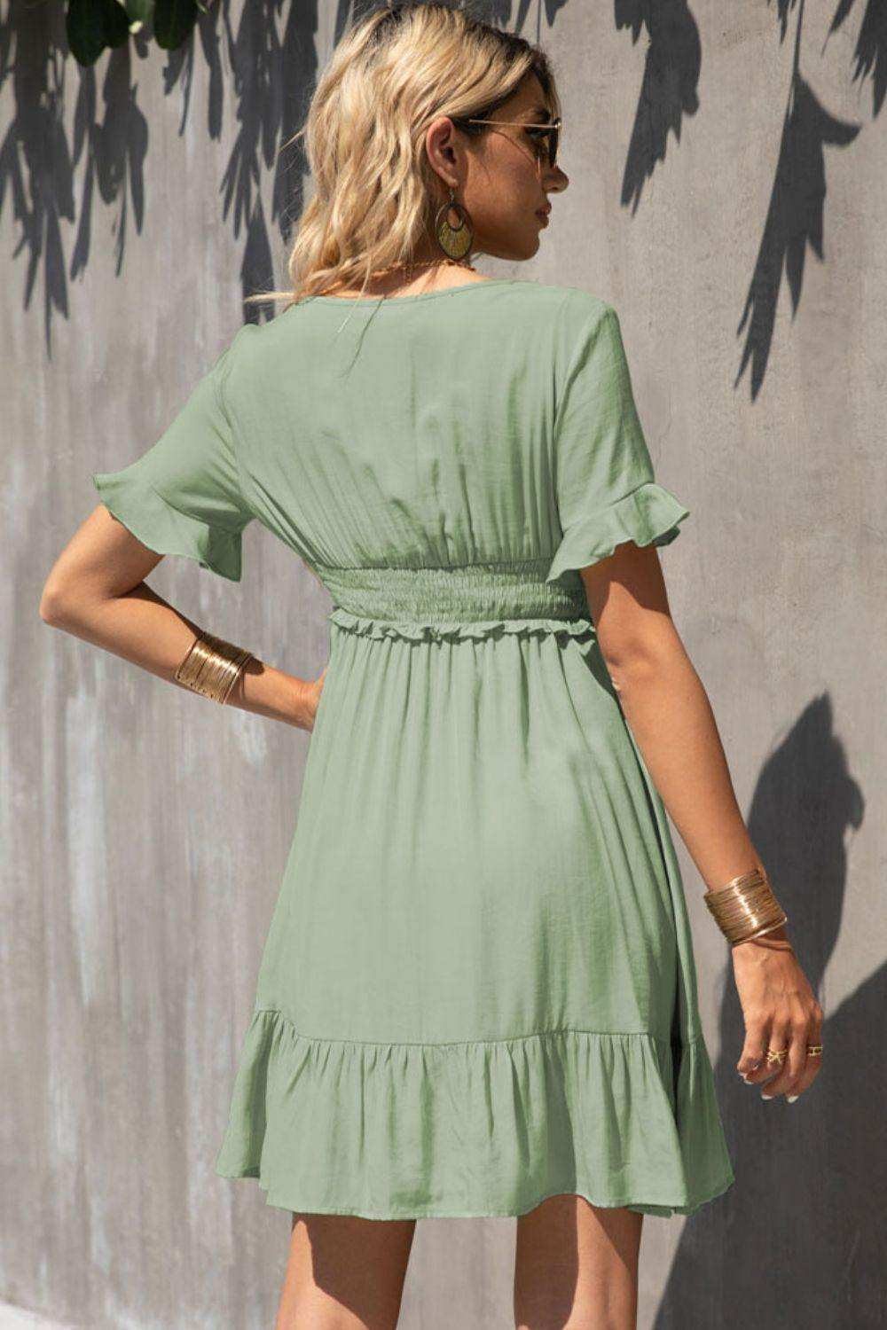 Smocked Waist Flounce Sleeve Ruffle Hem Dress - Trendsi - Flyclothing LLC