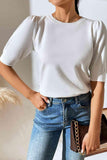 Round Neck Puff Sleeve Knit Top - Trendsi