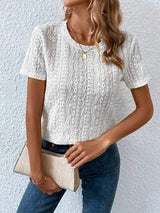 Eyelet Round Neck Short Sleeve T-Shirt - Trendsi - Flyclothing LLC