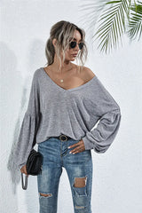 V-Neck Long Sleeve Dropped Shoulder Knit Top - Trendsi - Flyclothing LLC