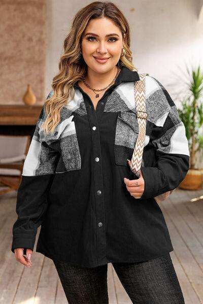 Plus Size Plaid Snap Down Jacket with Pockets - Trendsi - Flyclothing LLC