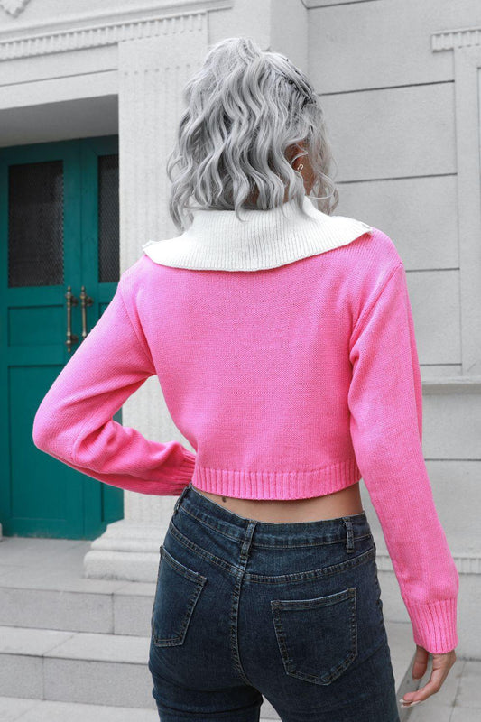 Contrast Collared Cropped Sweater - Trendsi