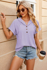 Eyelet Drawstring Hooded Short Sleeve Blouse - Trendsi - Flyclothing LLC