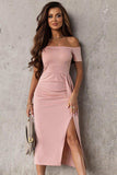 Off-Shoulder Short Sleeve Split Dress - Trendsi - Flyclothing LLC
