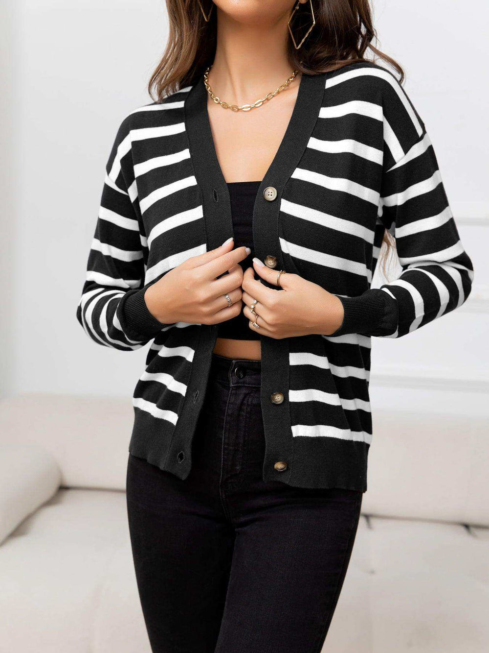 Striped Dropped Shoulder V-Neck Knit Top - Trendsi - Flyclothing LLC