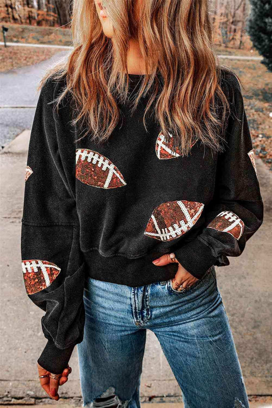 Sequin Football Patch Open Back Sweatshirt - Trendsi - Flyclothing LLC